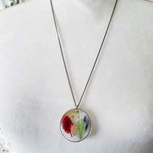 Rainbow pride floral botanical circular resin necklace in antique gold
